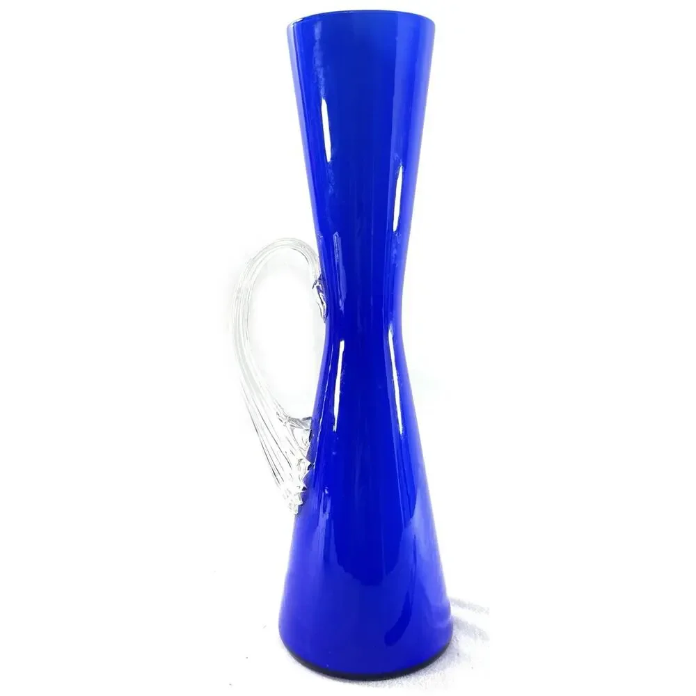 Cobalt Blue Art Glass Pitcher 10.75” Clear Applied Handle Modern Vase - Picture 3 of 6